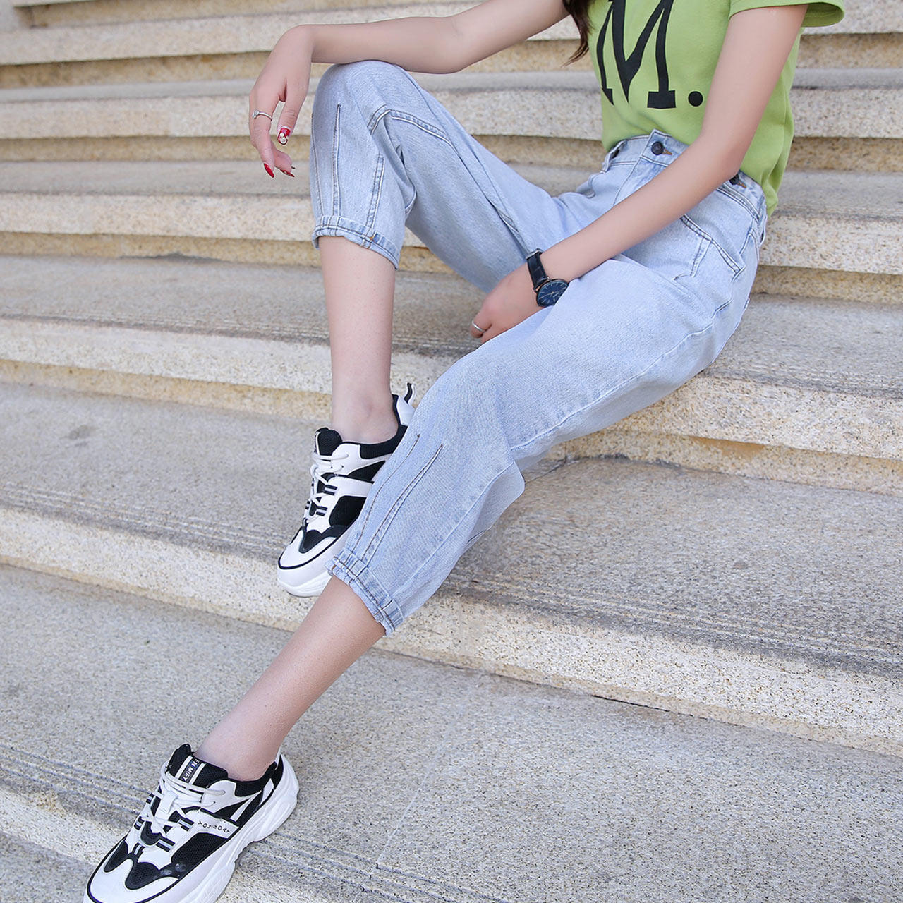 真维斯韩版显瘦高腰束脚女式牛仔裤 真维斯时尚牛仔裤