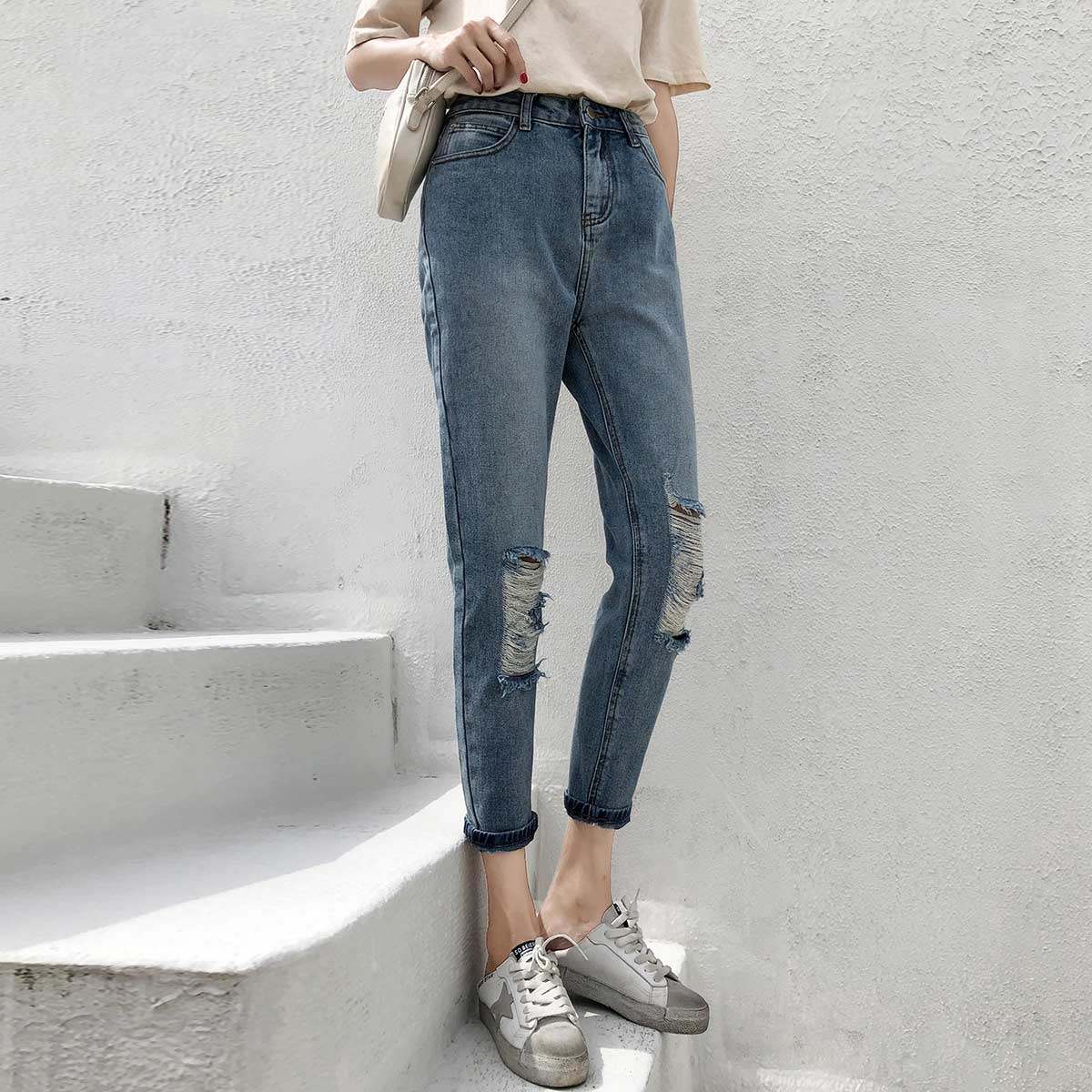 秋款新品潮流韩版女款牛仔九分裤 真维斯时尚牛仔裤