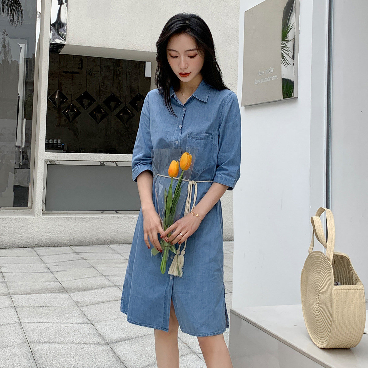 真维斯系绳显瘦2020秋装宽松连衣裙 真维斯时尚连衣裙