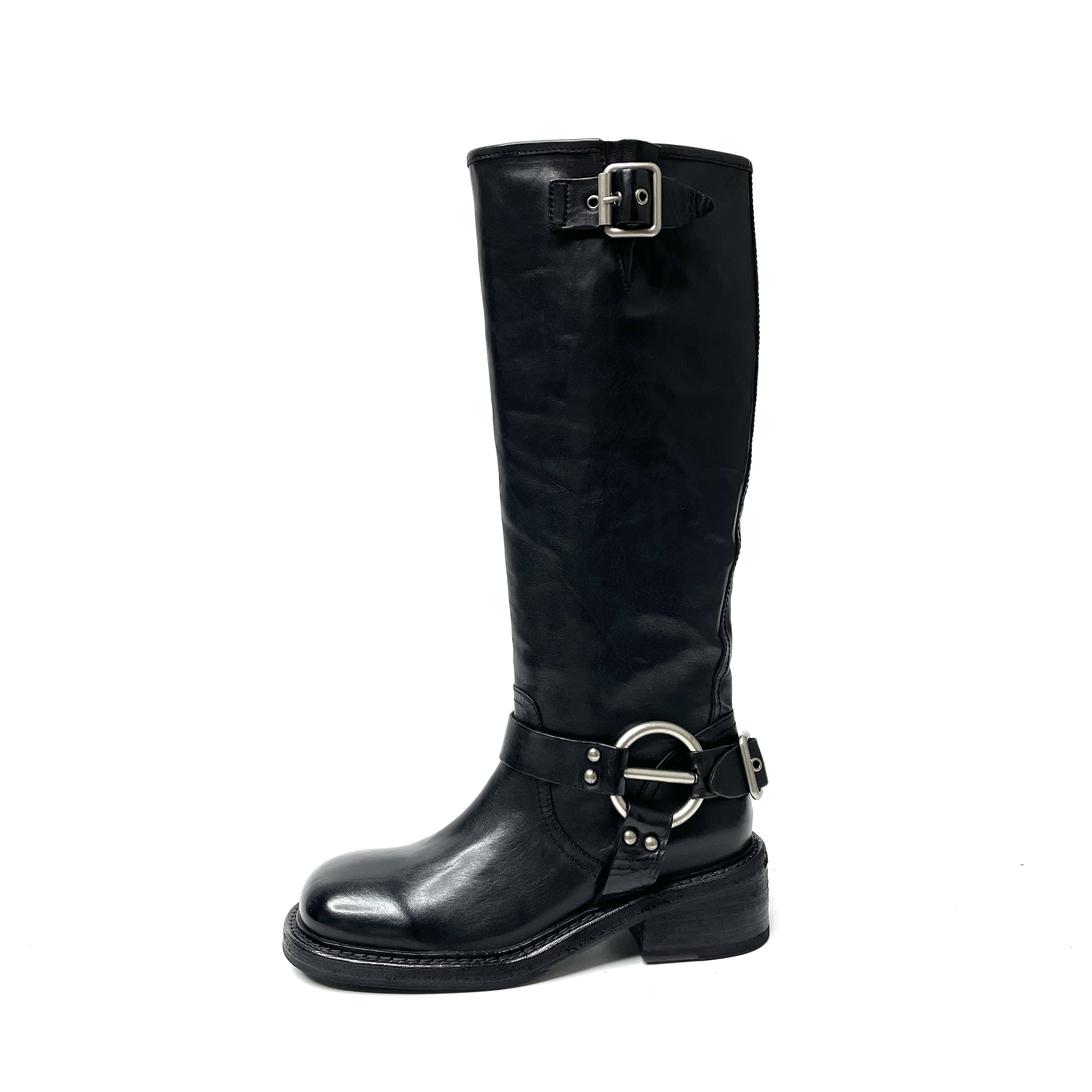 雪密欧复古做旧水洗马皮做旧英伦风长筒靴女设计感机车靴骑士靴 - 图3