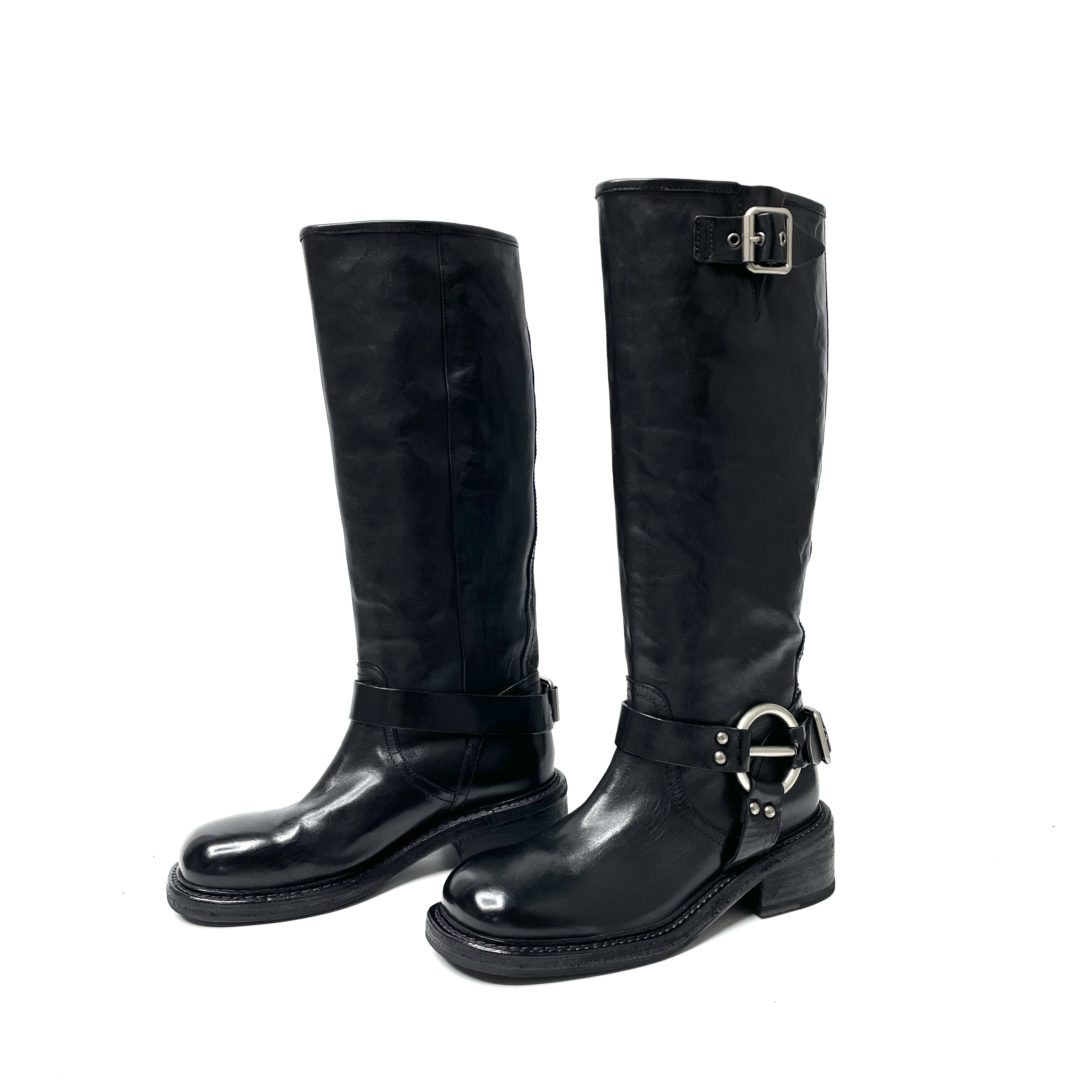 雪密欧复古做旧水洗马皮做旧英伦风长筒靴女设计感机车靴骑士靴 - 图2