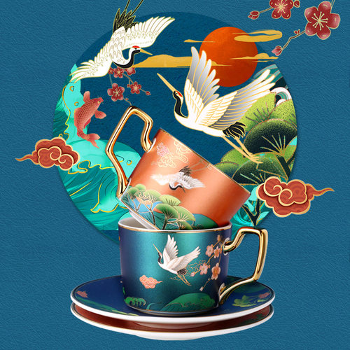 中国风下午茶杯带杯碟勺子国潮咖啡杯碟套装New Style Coffee Mug - 图1