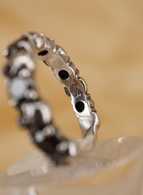 全新日本手工骷髅黑曜石纯银戒指