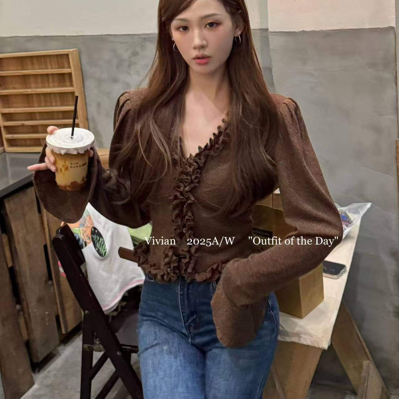 法式复古木耳边V领针织开衫女修身短款泡泡袖喇叭袖上衣,淘宝优惠券,粉丝福利购,淘宝优惠卷