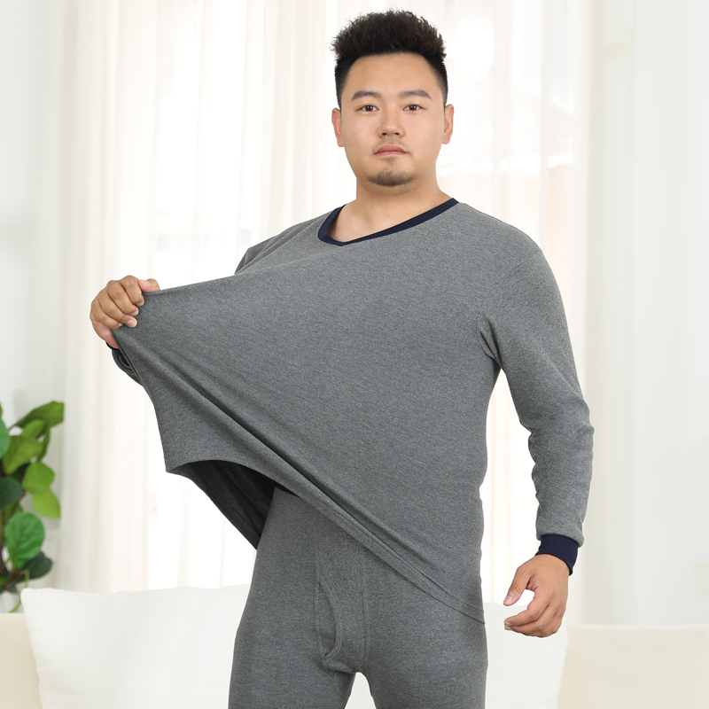 猫人男士V领秋衣秋裤纯棉套装加肥大码爸爸秋冬棉毛保暖打底200斤