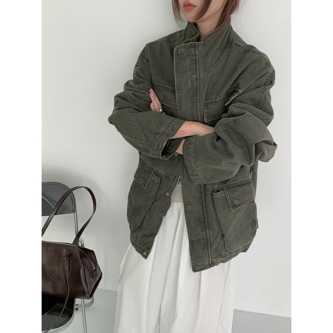 纯棉重磅工装夹克外套女25秋季男友风复古军绿中长款上衣 - 图3