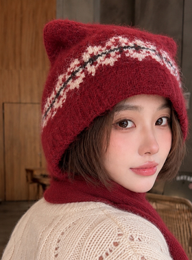 费尔岛猫耳保暖围巾一体针织帽女