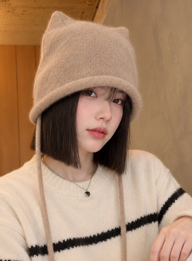 冬季保暖猫耳辫子针织帽女款