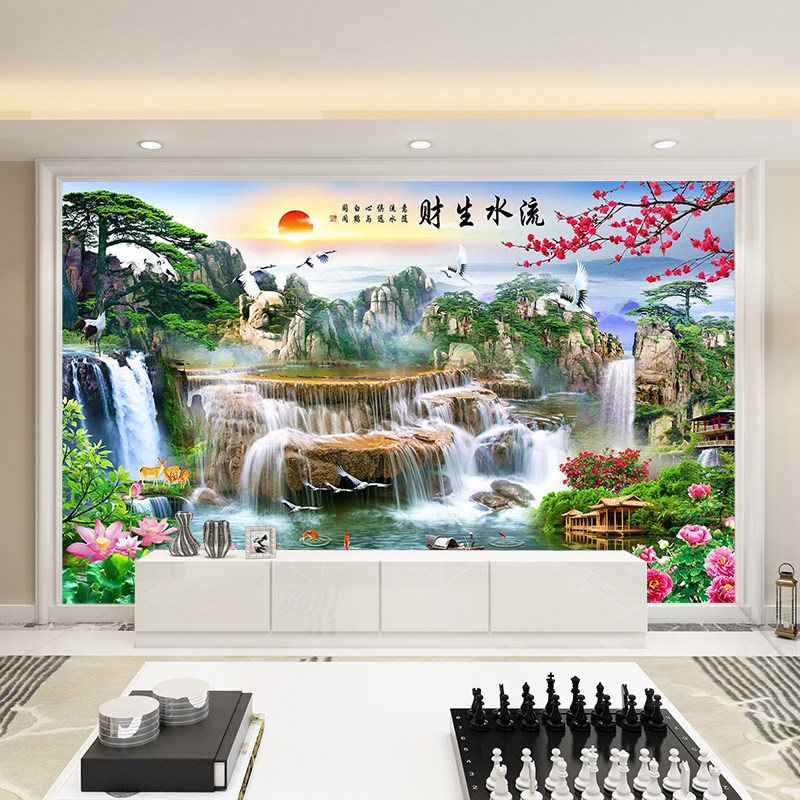 3D立体墙纸中式客厅电视背景墙壁纸8D流水生财山水壁画迎客松墙布_虎窝淘