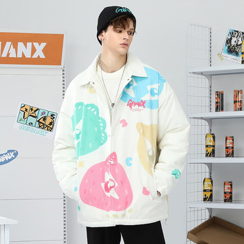 GENANX Lightning Trendy Brand Coat Cotton Warm Coat Couple Candy Color Print Drop Shoulder Sleeve New Autumn and Winter Coat Coat Jacket for Men