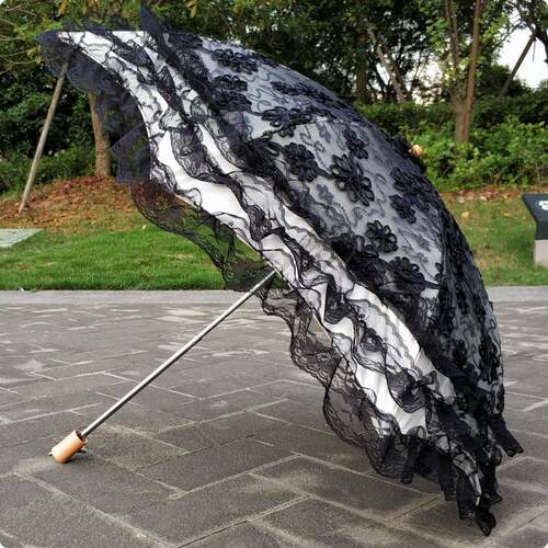 蕾丝刺绣花亮片黑胶二折防紫外线遮阳太阳伞公主晴雨伞洋伞粉红色 - 图0