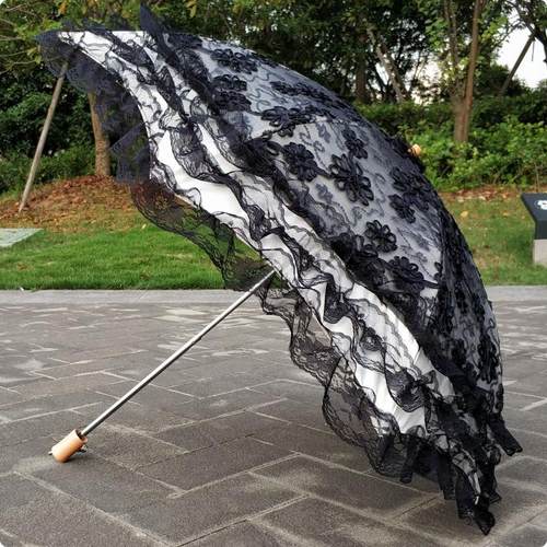 蕾丝刺绣花亮片黑胶二折防紫外线遮阳太阳伞公主晴雨伞洋伞粉红色-图0