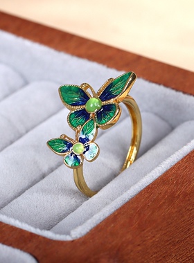 仙气国风珐琅蝴蝶戒指女烧蓝小众设计感古风可调节食指戒复古指环