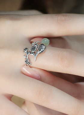 925银玫瑰藤曼叠口小鸟铃铛戒指女复古做旧作女款小清新古银简约