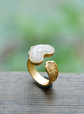 复古如意造型玉石戒指女金色开口可调节时尚指环高级感国风s925银