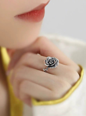 S925银复古做旧玫瑰花戒指