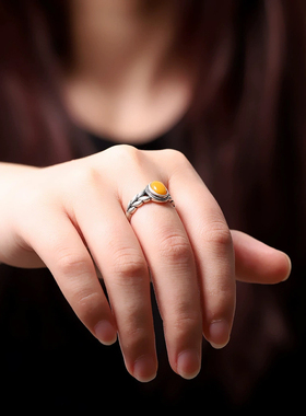 新中式s925银复古风哑光做旧麦穗蛋面戒指简约小巧气质女款银指环