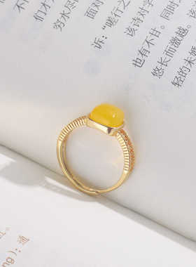 新中式方糖蜜蜡戒指女S925银