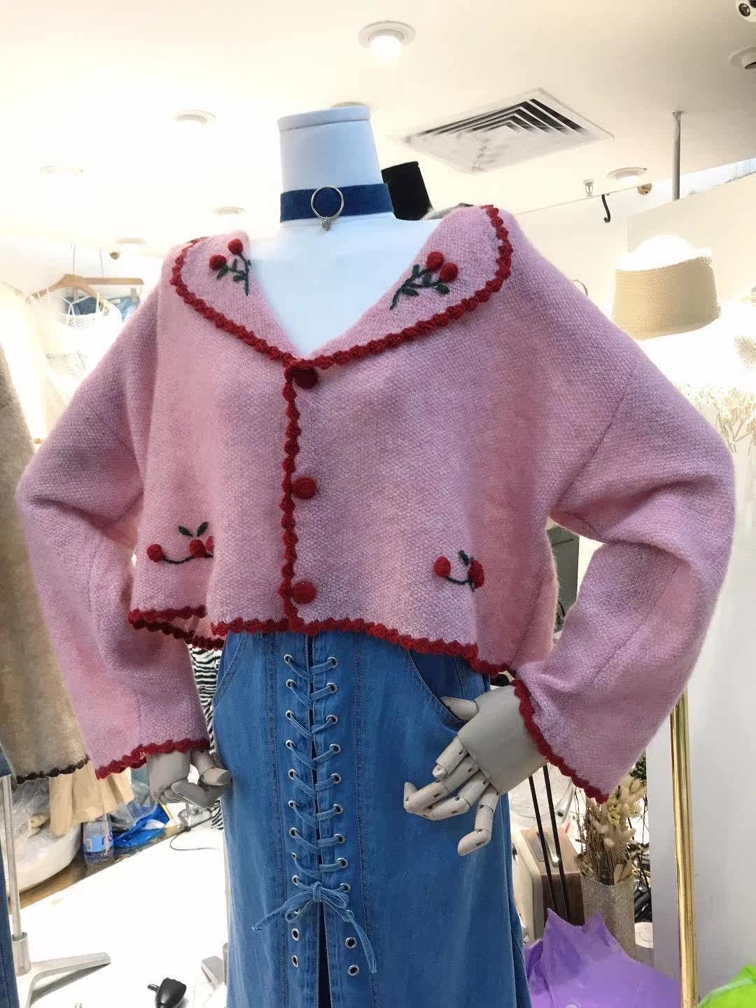 坎蒂樱桃刺绣甜美毛衣女翻领开衫 坎蒂服饰毛衣