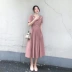 2019 phụ nữ mới mùa hè eo cao eo dài váy hồng nữ thắt lưng ngắn tay áo xếp li - váy đầm