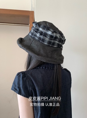 文艺慵懒感牛仔渔夫帽女日系大檐遮阳复古百搭卷边缎带格纹盆帽潮