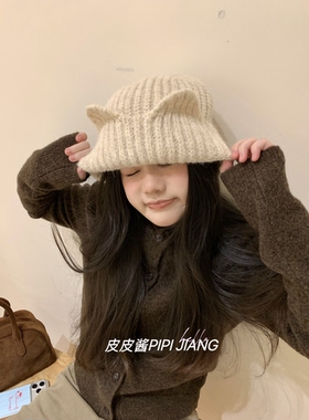 猫咪翻边针织保暖护耳帽女秋冬