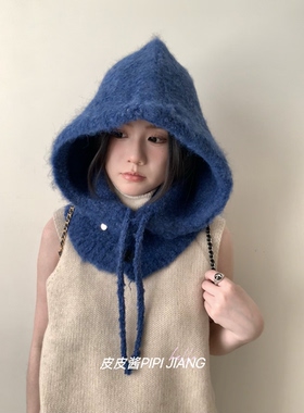 复古蓝羊毛针织巴拉克拉法帽女