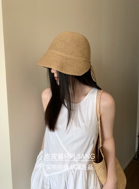 韩单～ins针织渔夫帽女春夏季系带蝴蝶结甜美文艺遮阳显脸小帽子