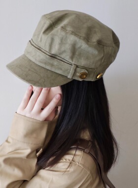 古早韩味复古绿色马术帽女秋冬时髦复古钮扣显脸小宅女同款鸭舌帽