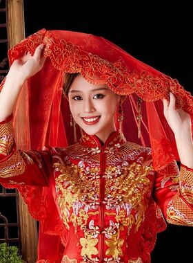 红盖头结婚新娘主婚纱中式婚礼秀禾夏季用蒙头红色喜帕半透明头纱