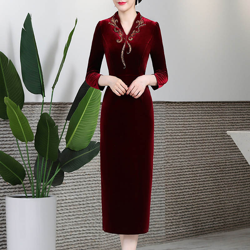 母亲婚宴礼服中长款妈妈参加婚礼服春季V领喜婆婆连衣裙气质高端