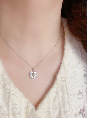 欧美复古金属银色八芒星贝壳圆环镶钻锆石项链轻奢高端小众级感颈