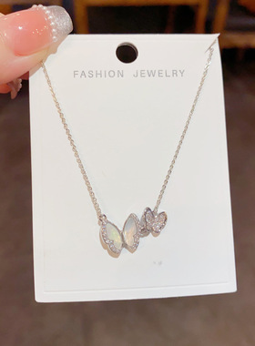 欧美复古金属色镶钻锆石贝壳蝴蝶项链轻奢高端小众级设计感锁骨颈