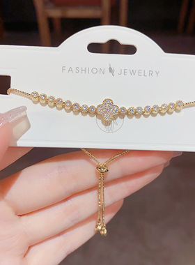 欧美复古金属银色镶钻锆石闪四叶草花朵手链轻奢高端小众级设计感