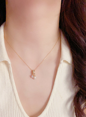 新中式复古国风镶钻锆石五角星星珍珠项链轻奢高端小众级感锁骨颈