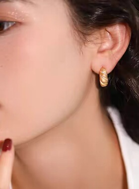 法式复中古拉丝面包虫镶钻锆石耳环轻奢高端小众级时尚精致钉饰女