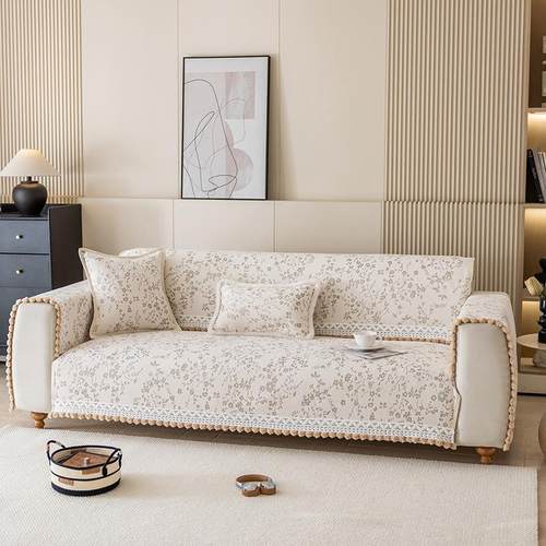 中式古典凌寒暗香沙发垫奶杏色雪尼尔四季款坐垫氛围感沙发巾定制 - 图2