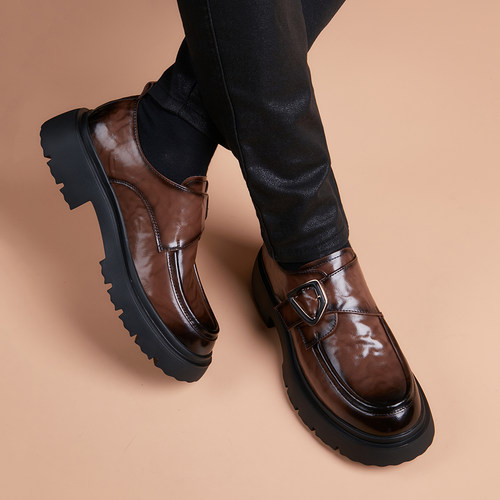 皮鞋男士潮流商务休闲厚底增高棕色豆豆鞋百搭套脚德比正装男单鞋 - 图0