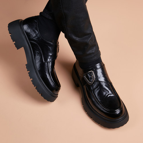 皮鞋男士潮流商务休闲厚底增高棕色豆豆鞋百搭套脚德比正装男单鞋 - 图3