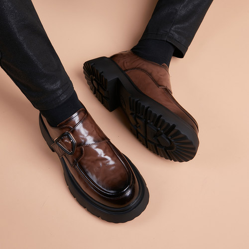 皮鞋男士潮流商务休闲厚底增高棕色豆豆鞋百搭套脚德比正装男单鞋 - 图1