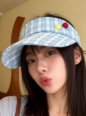 日系甜美可爱学院风遮阳防晒鸭舌帽子夏季小清新绿色格子空顶帽女