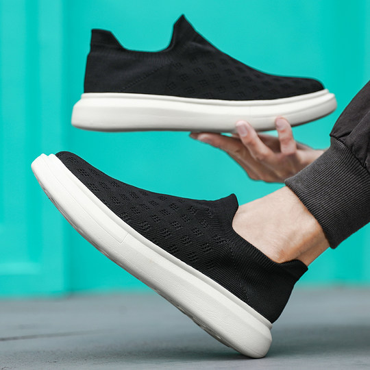 冬季内增高男鞋8cm6cm休闲套脚隐形增高鞋10cm韩版潮流透气飞织鞋