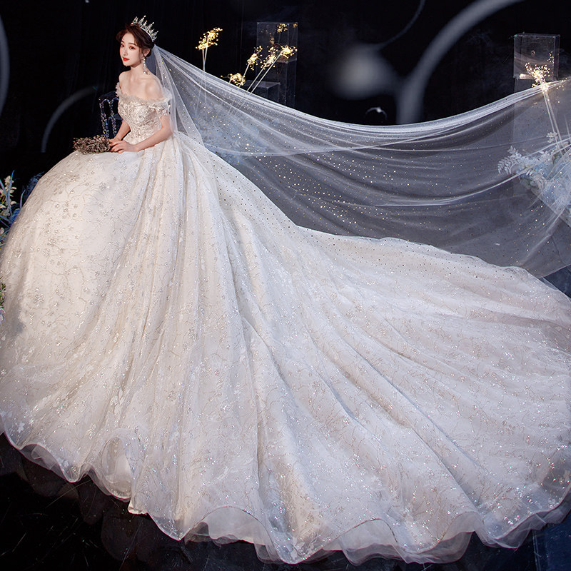 轻主2020新款赫本新娘一字肩礼服裙 快乐新娘婚纱