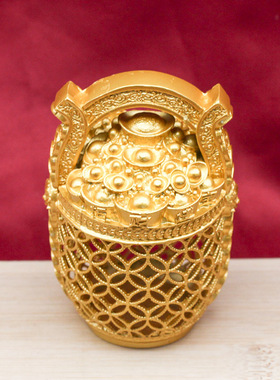 招财一桶金摆件镂空金钱纹金属工艺品开业乔迁家居聚财装饰品