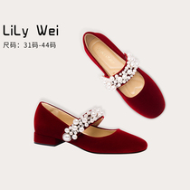 (Sunny Hill) Lilywei red velvet top-secret wedding shoes flat-bottomed bridal shoes daily can be worn with single shoes big size 41-43