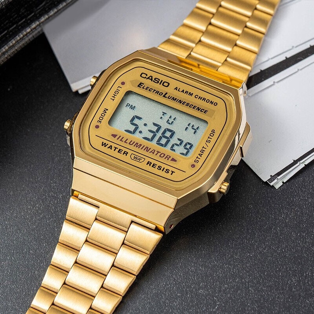 Casio watch CASIO A168WG-9W retro trendy square seven-year power steel strap waterproof small gold watch