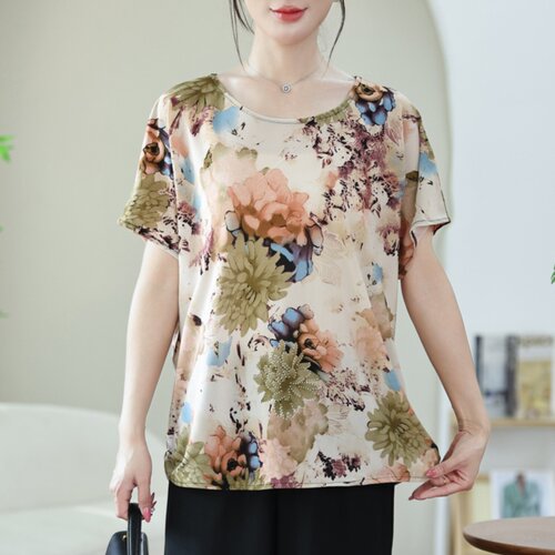 新款夏装妈妈上衣40-50岁 中老年大码女装短袖加肥加大T恤奶奶装 - 图1