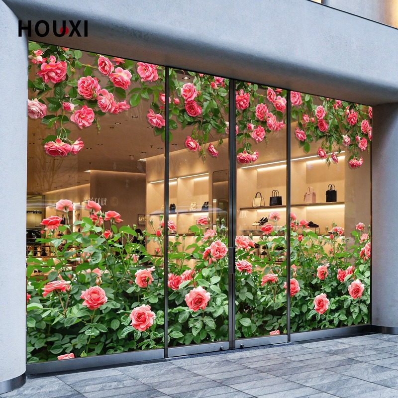 玫瑰花玻璃贴纸商场服装店橱窗底纹春天氛围装饰布置静电无胶贴膜,淘宝优惠券,粉丝福利购,淘宝优惠卷