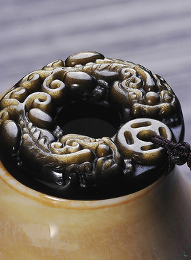 黑曜石貔貅吊坠平安扣项链男士吊坠挂件双皮丘男女