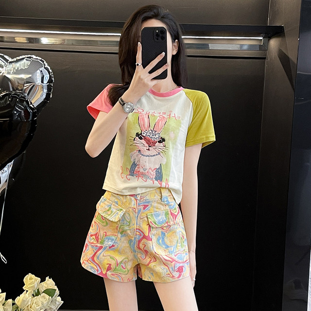 Contrast Color Fun Tight Short T-Shirt Women's Short Sleeve Summer